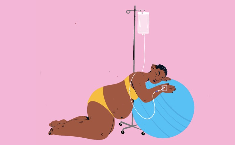 A hand-drawn illustration of a person resting on a birth ball