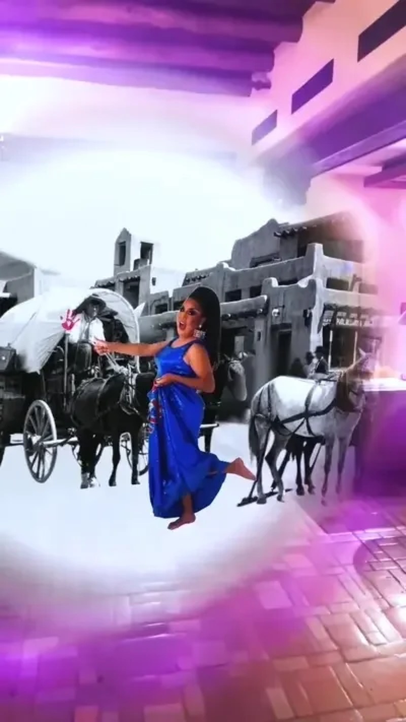 An AR portal showing a woman in a blue dress beside a horse-drawn carriage