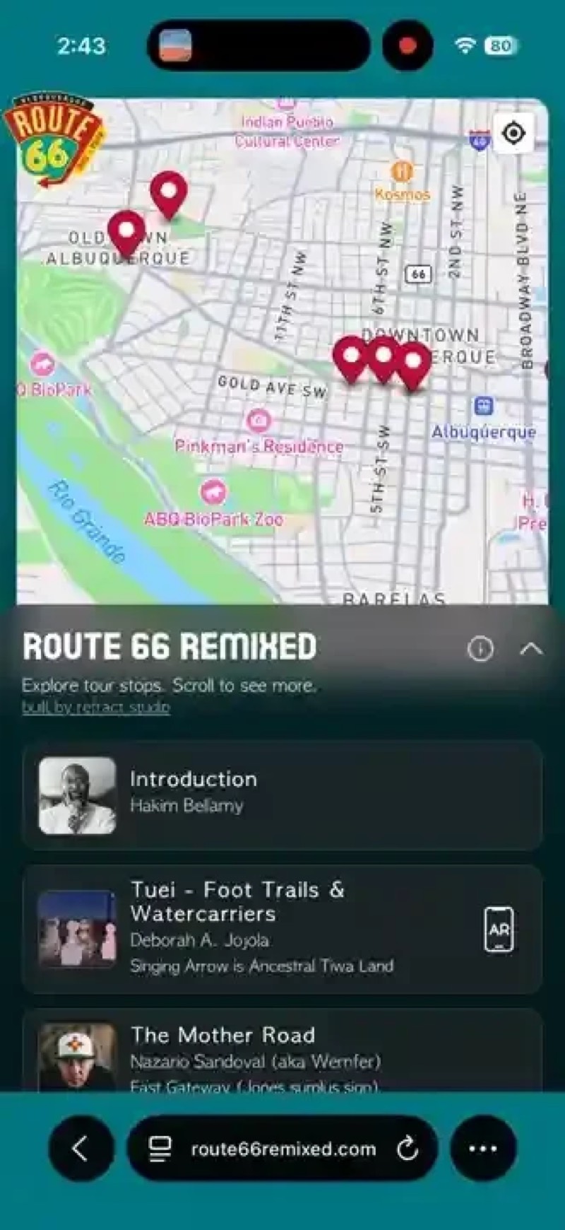 The Route 66 Remixed map on a phone